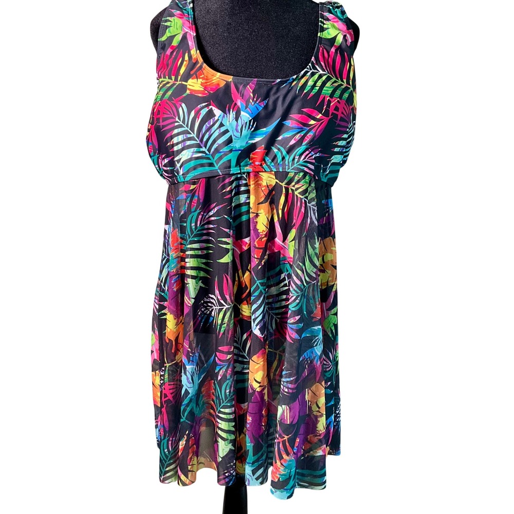 4XL Tropical Palm  Print Swim Dress Tankini Top Mesh Overlay Cover Up Front Slit